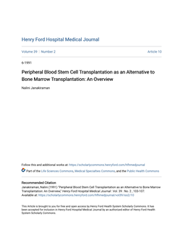 Peripheral Blood Stem Cell Transplantation As an Alternative to Bone Marrow Transplantation: an Overview