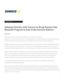 Safeway Partners with Sunoco to Bring Popular Gas Rewards Program to East Coast Sunoco Stations