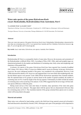 Zootaxa: Water Mite Species of the Genus Hydrodroma Koch