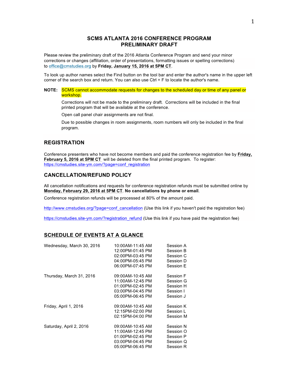 Scms Atlanta 2016 Conference Program Preliminary Draft