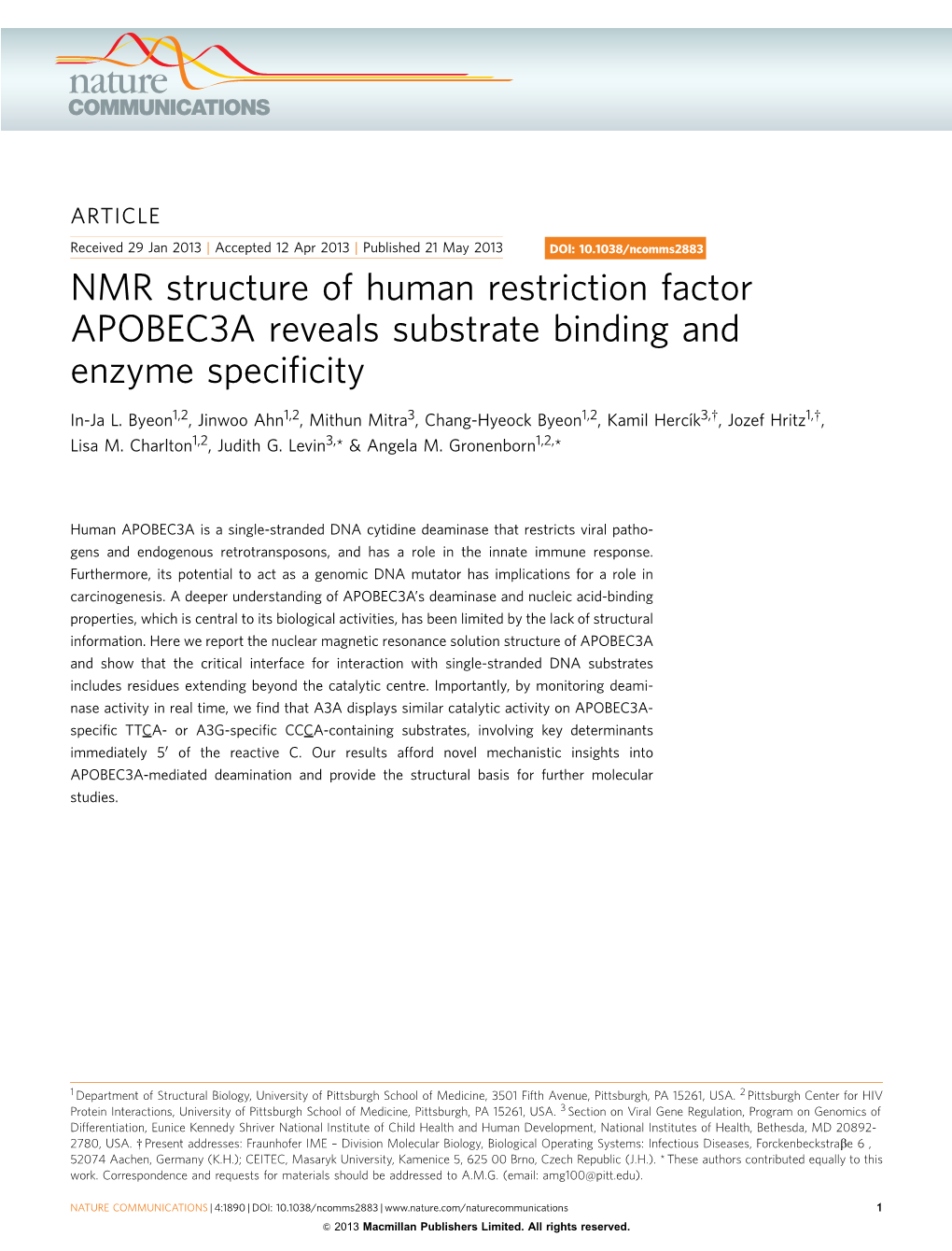 NMR Structure of Human Restriction Factor APOBEC3A Reveals Substrate Binding and Enzyme Speciﬁcity