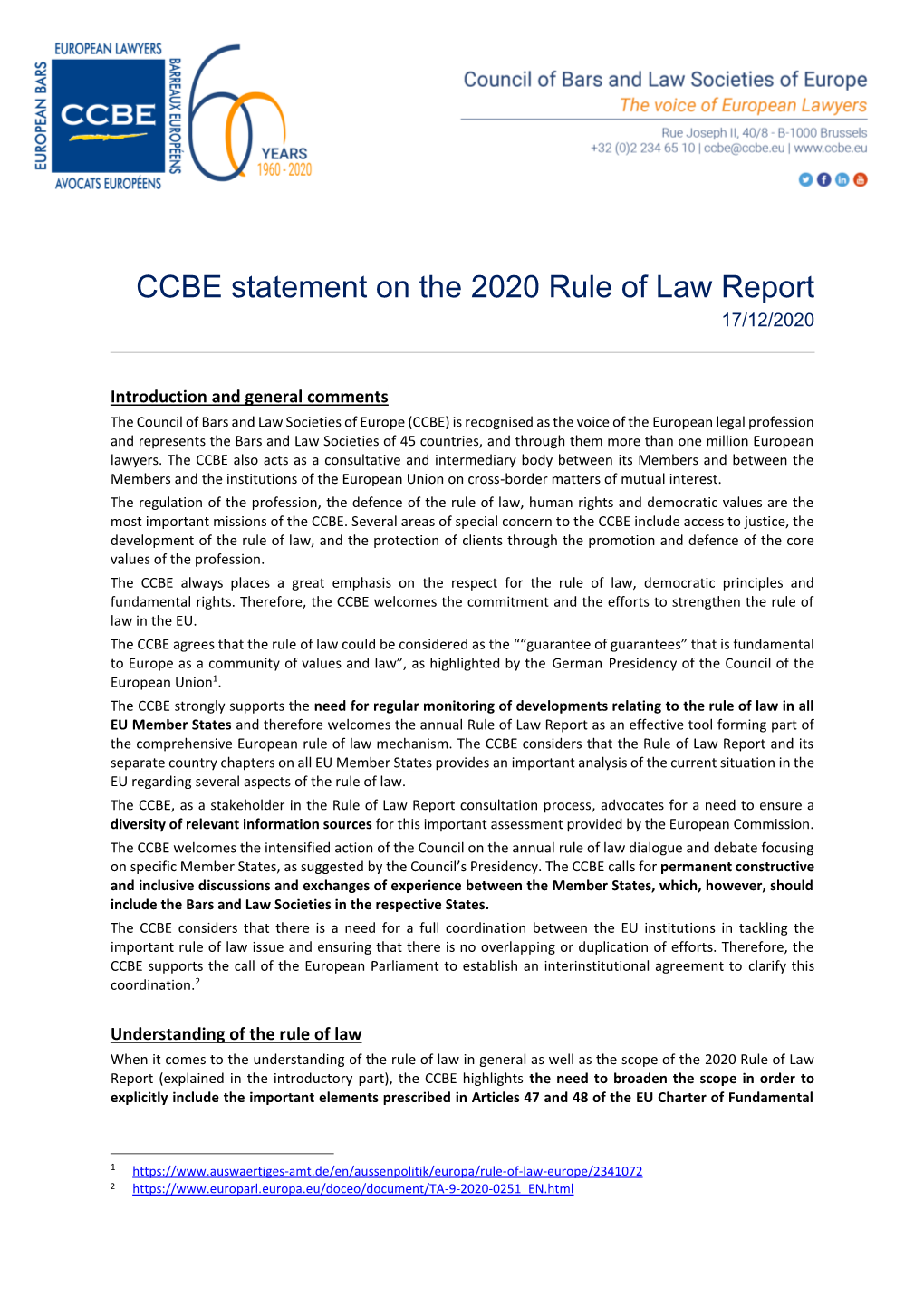 CCBE Statement on the 2020 Rule of Law Report 17/12/2020