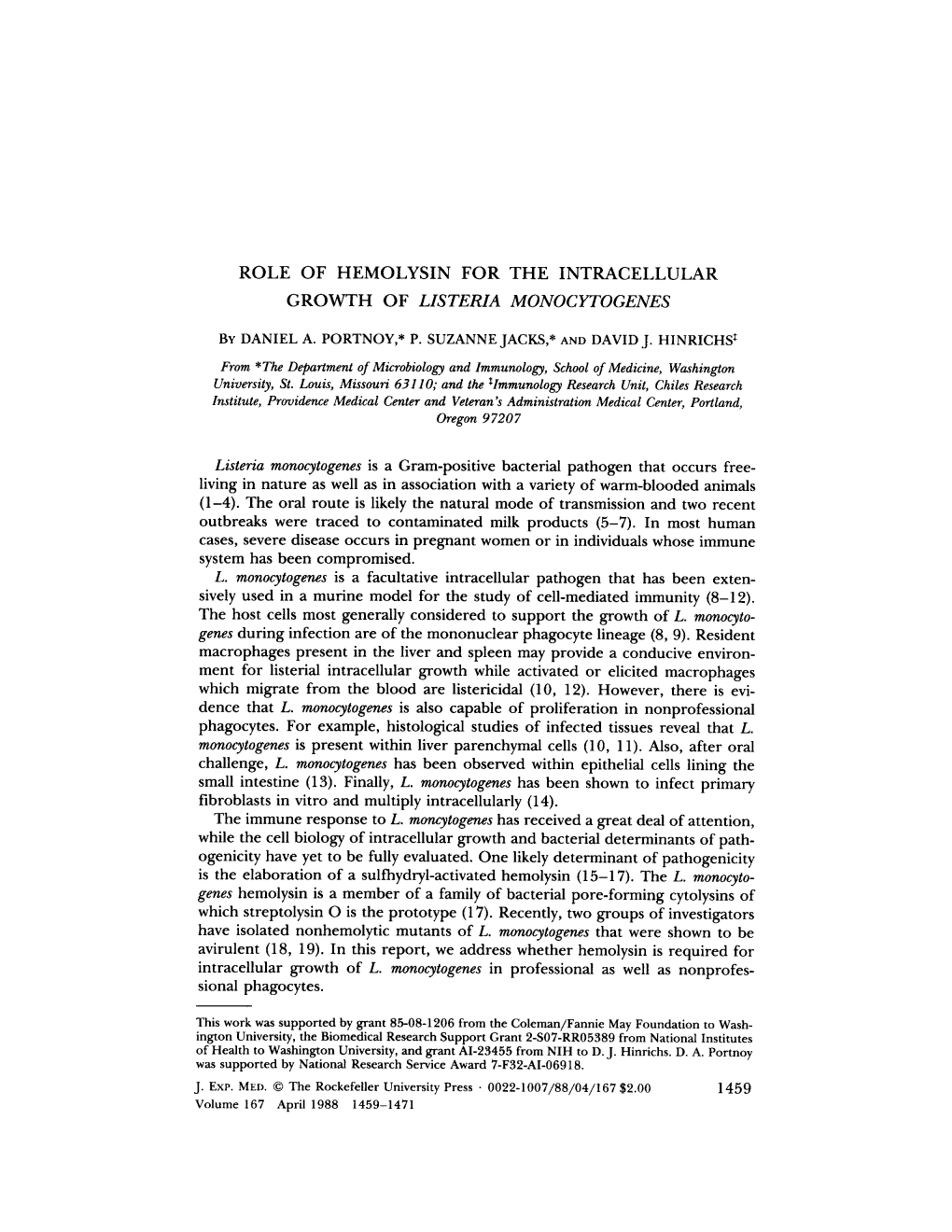 Role of Hemolysin for the Intracellular Growth of Listeria Monocytogenes