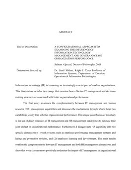 A Configurational Approach to Examining the Influence of Information Technology Management and Governance on Organization Performance