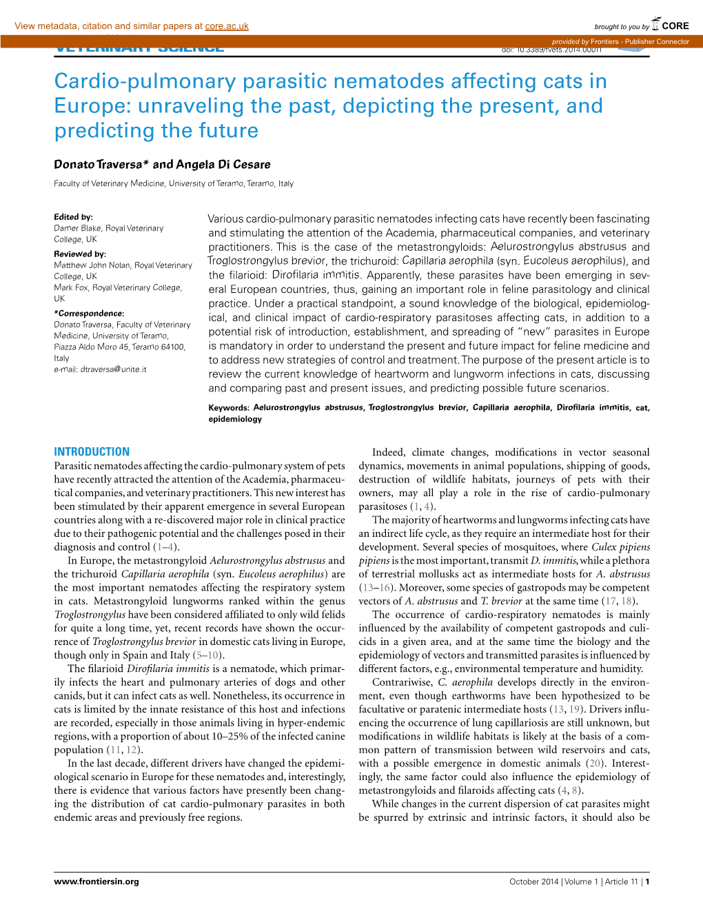 Cardio-Pulmonary Parasitic Nematodes Affecting Cats in Europe: Unraveling the Past, Depicting the Present, and Predicting the Future