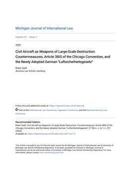 Countermeasures, Article 3BIS of the Chicago Convention, and the Newly Adopted German "Luftsicherheitsgesetz"