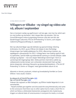 Villagers Er Tilbake - Ny Singel Og Video Ute Nå, Album I September