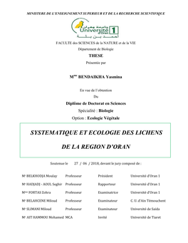 Systematique Et Ecologie Des Lichens De La Region D'oran