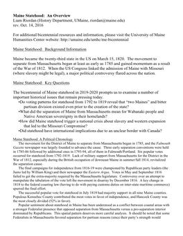 Maine Statehood: an Overview Liam Riordan (History Department, Umaine, Riordan@Maine.Edu) Rev