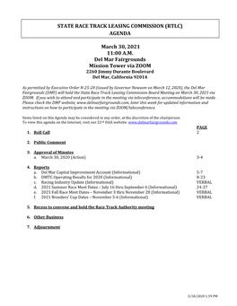 State Race Track Leasing Commission (Rtlc) Agenda