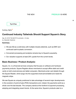 Continued Industry Tailwinds Should Support Square's Story