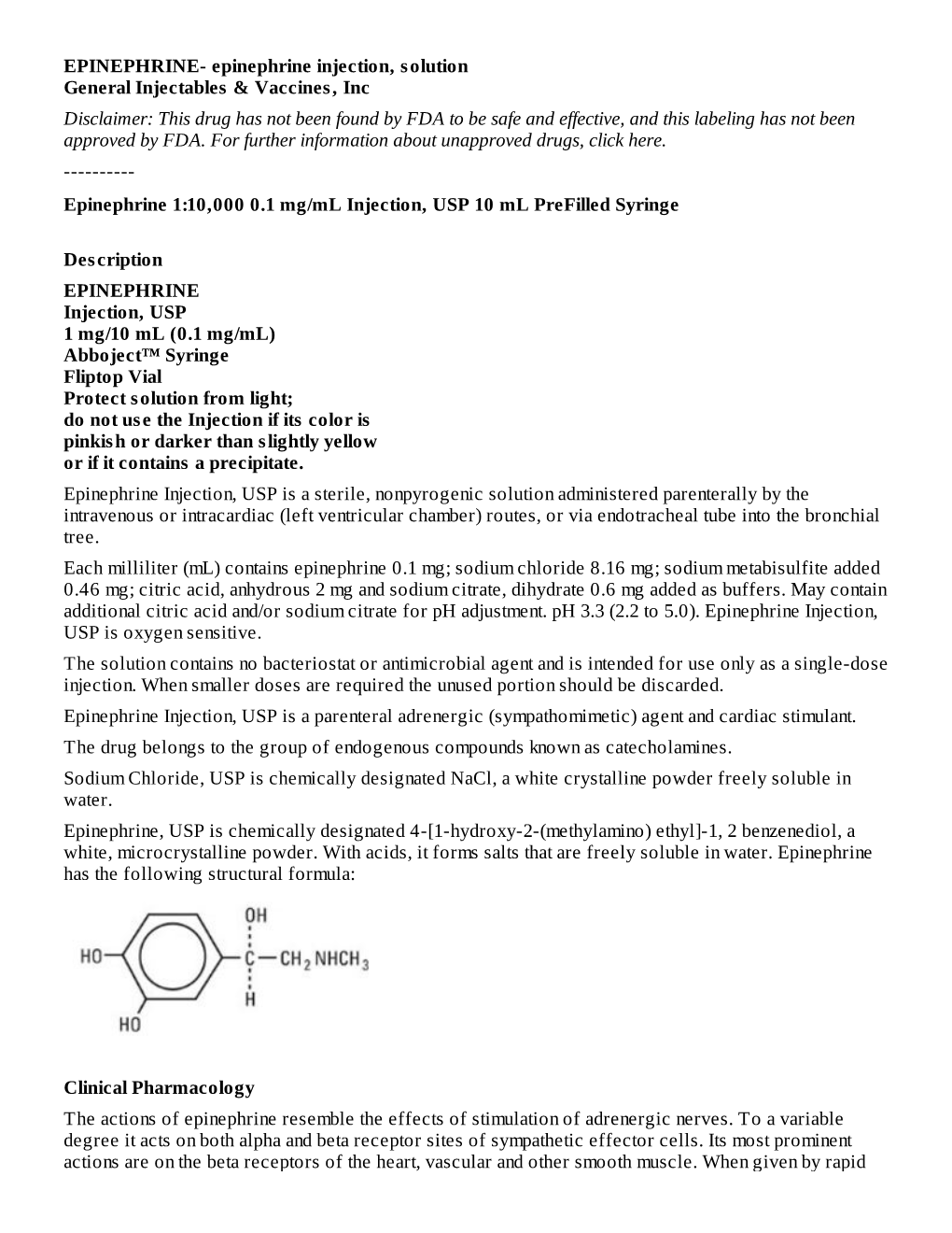 Epinephrine 1:10,000 0.1 Mg/Ml Injection, USP 10 Ml Prefilled Syringe