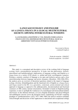 Language Ecology and English As a Lingua Franca in a Glocal Multicultural Society: Opening Intercultural Windows