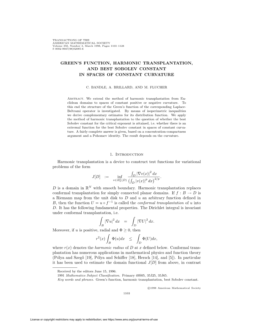 Green's Function, Harmonic Transplantation, and Best