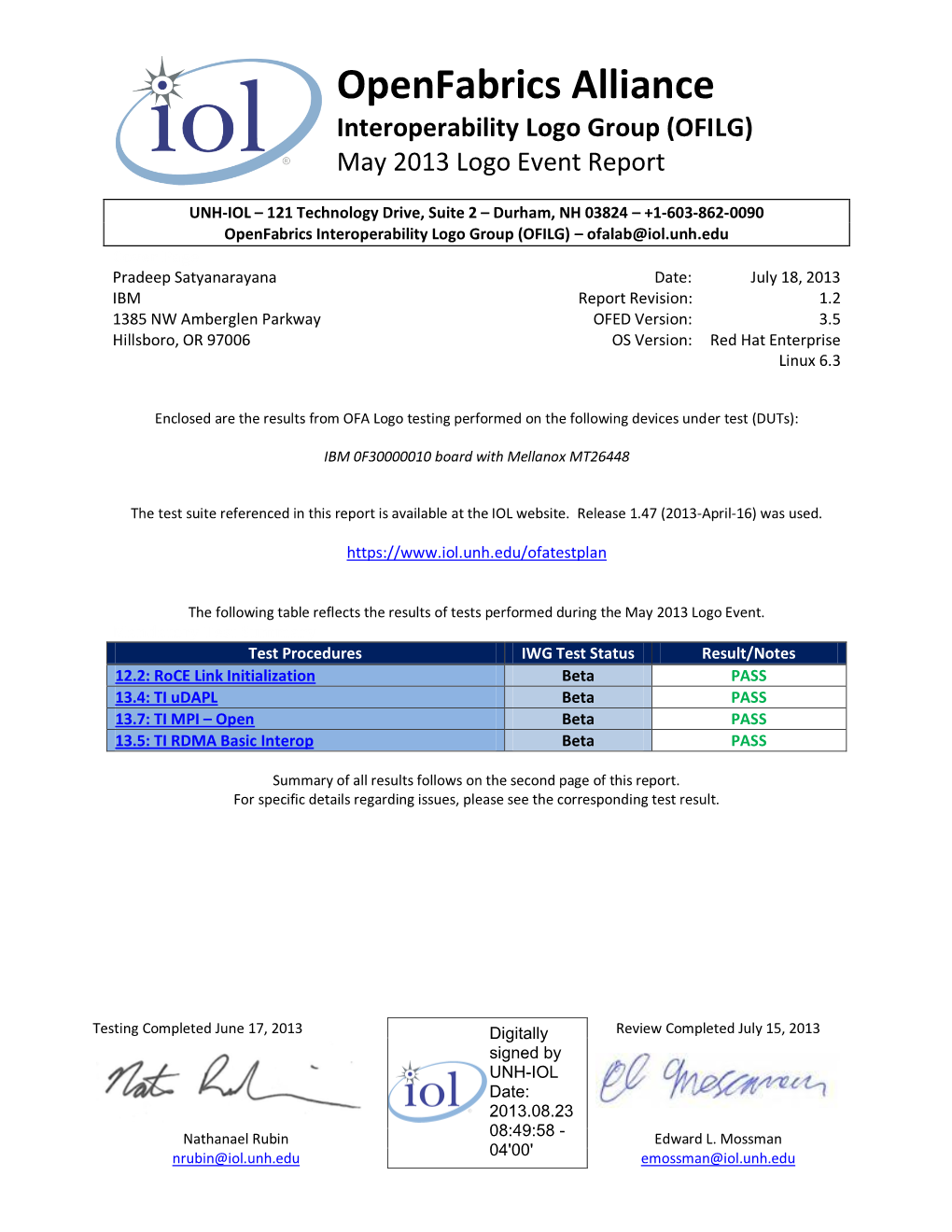 Openfabrics Alliance Interoperability Logo Group (OFILG) May 2013 Logo Event Report