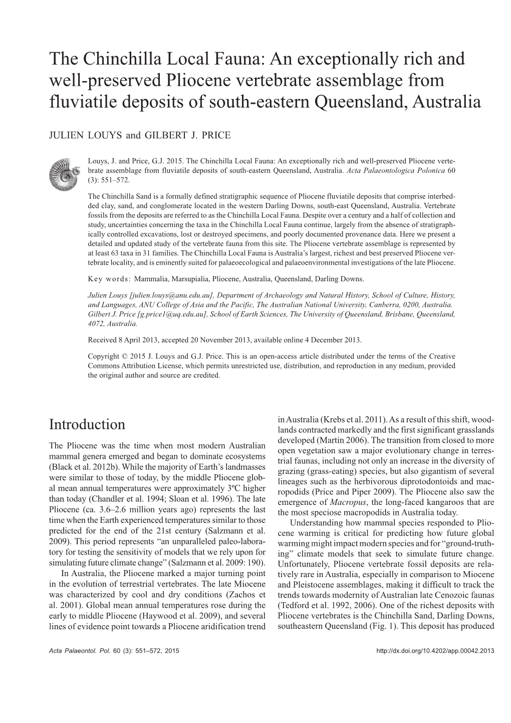 The Chinchilla Local Fauna: an Exceptionally Rich and Well-Preserved Pliocene Vertebrate Assemblage from Fluviatile Deposits of South-Eastern Queensland, Australia