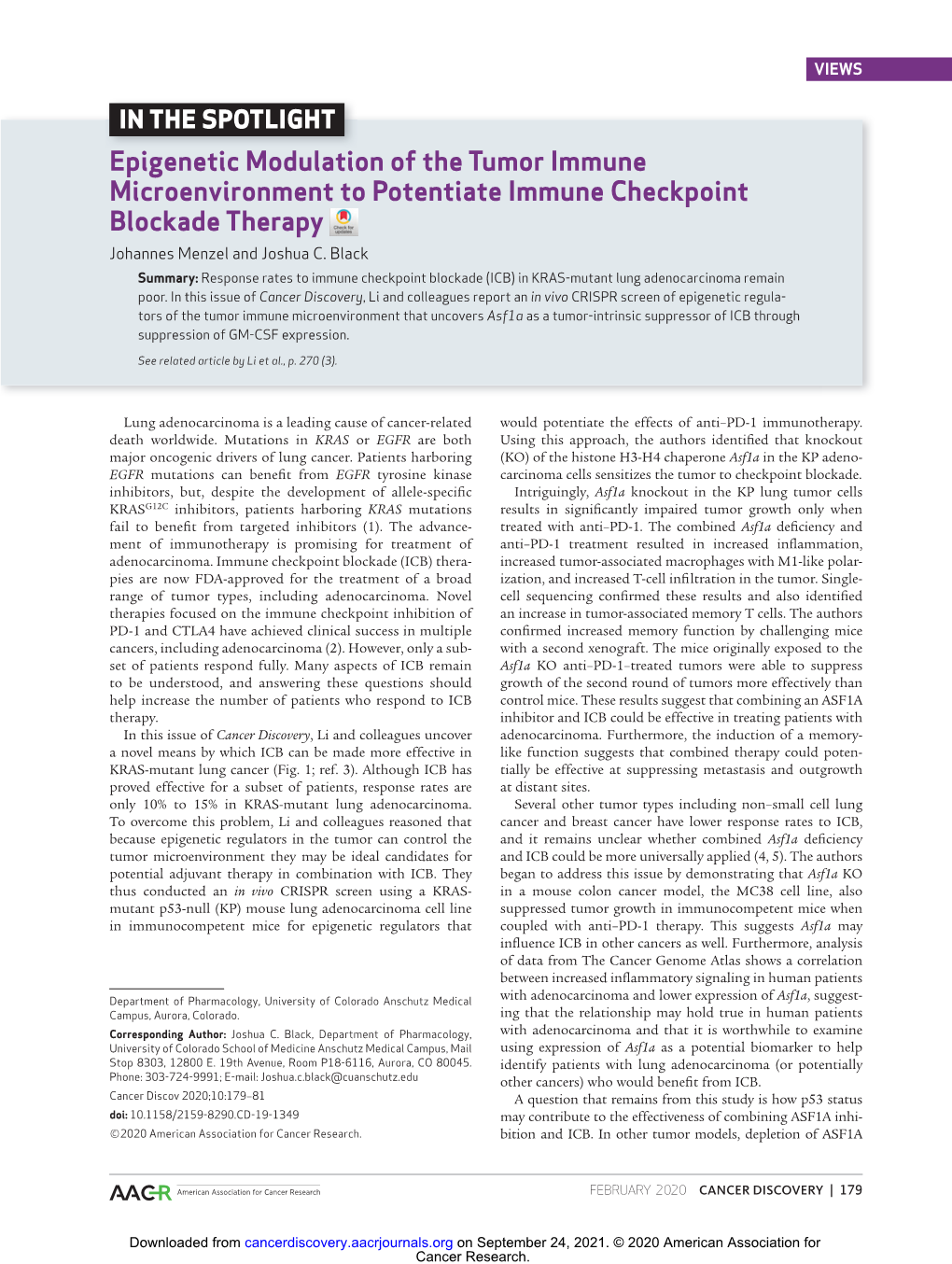 Epigenetic Modulation of the Tumor Immune Microenvironment to Potentiate Immune Checkpoint Blockade Therapy Johannes Menzel and Joshua C