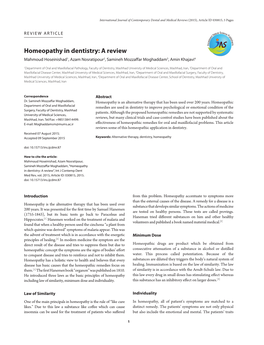 Homeopathy in Dentistry: a Review Mahmoud Hoseinishad1, Azam Nosratipour2, Samineh Mozzaff Ar Moghaddam3, Amin Khajavi4