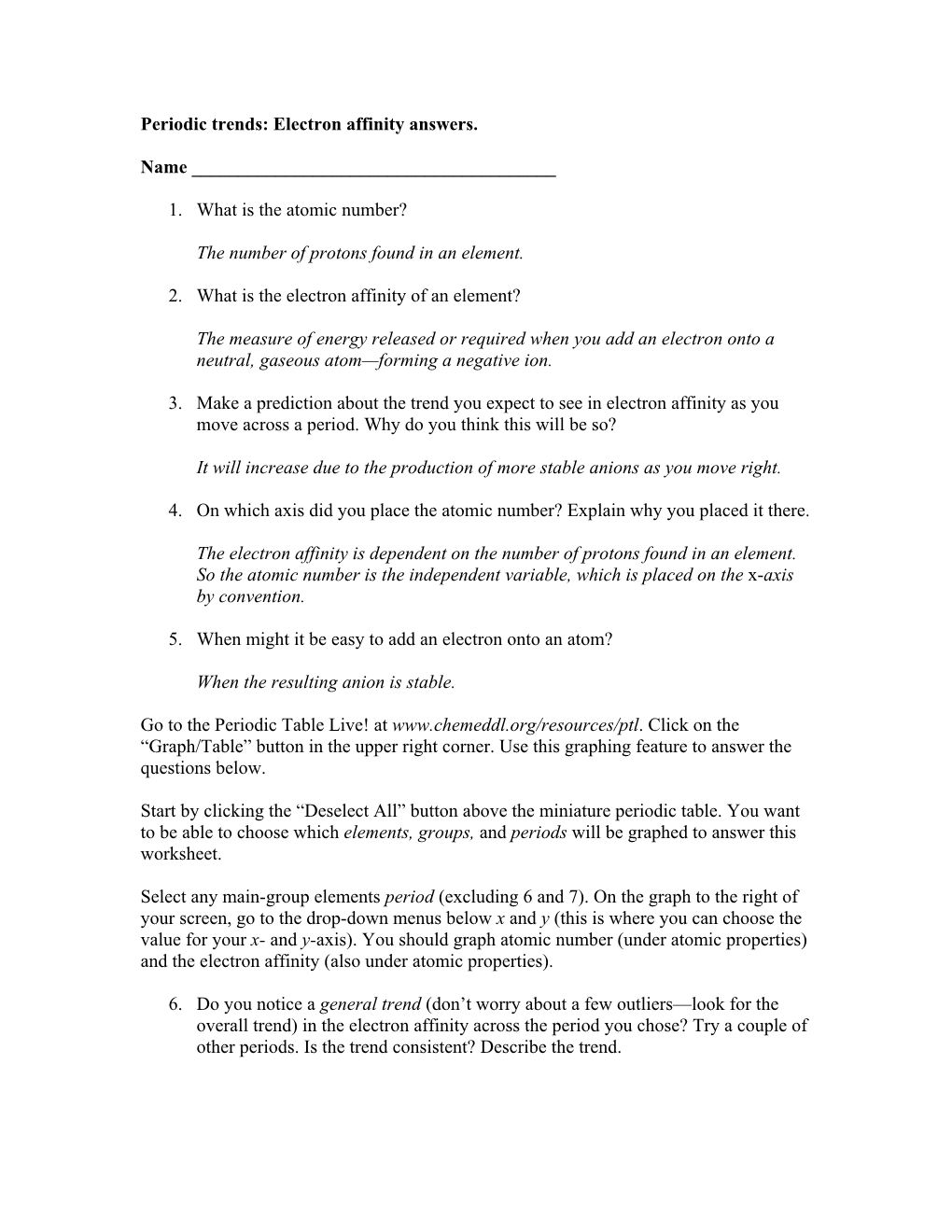 Periodic Trends: Electron Affinity Answers