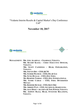 Vedanta Interim Results & Capital Market's Day Conference Call