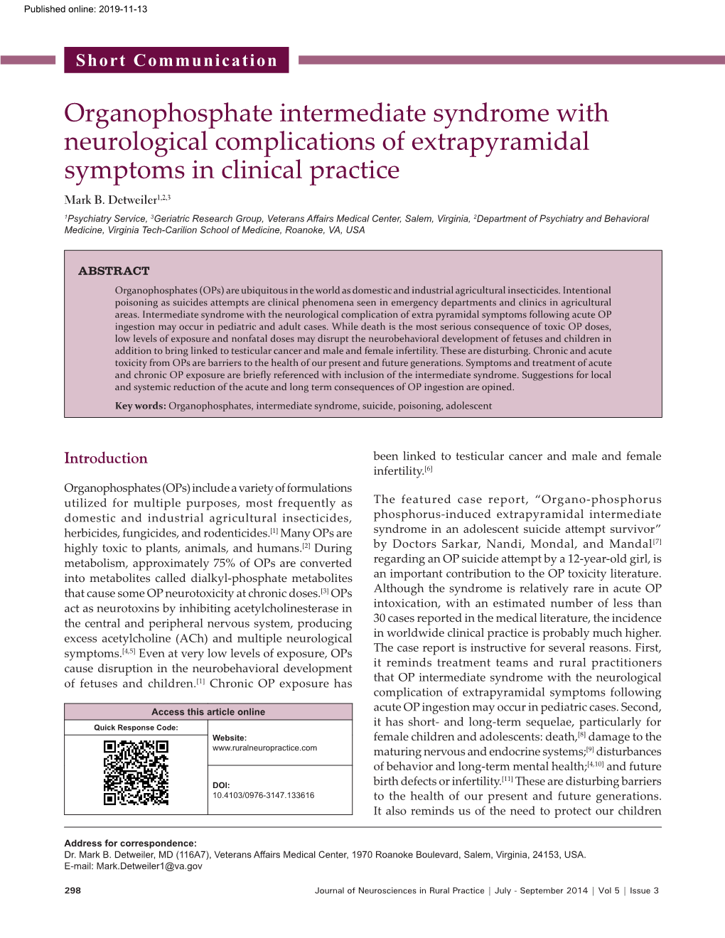 Organophosphate Intermediate Syndrome with Neurological Complications of Extrapyramidal Symptoms in Clinical Practice Mark B