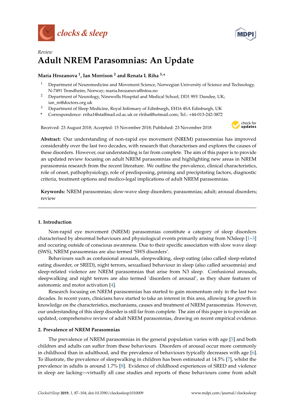 Adult NREM Parasomnias: an Update