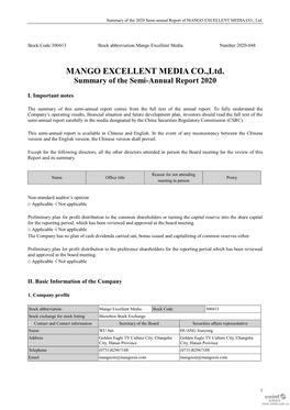 MANGO EXCELLENT MEDIA CO.,Ltd. Summary of the Semi-Annual Report 2020