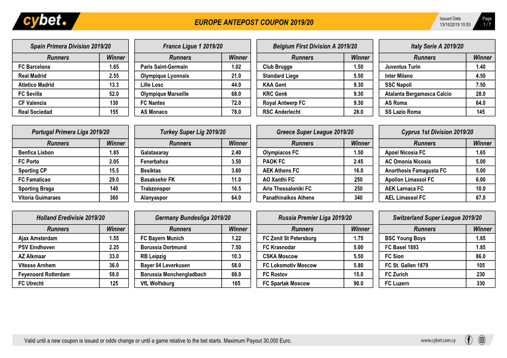 Europe Antepost Coupon 2019/20 13/10/2019 10:53 1 / 7