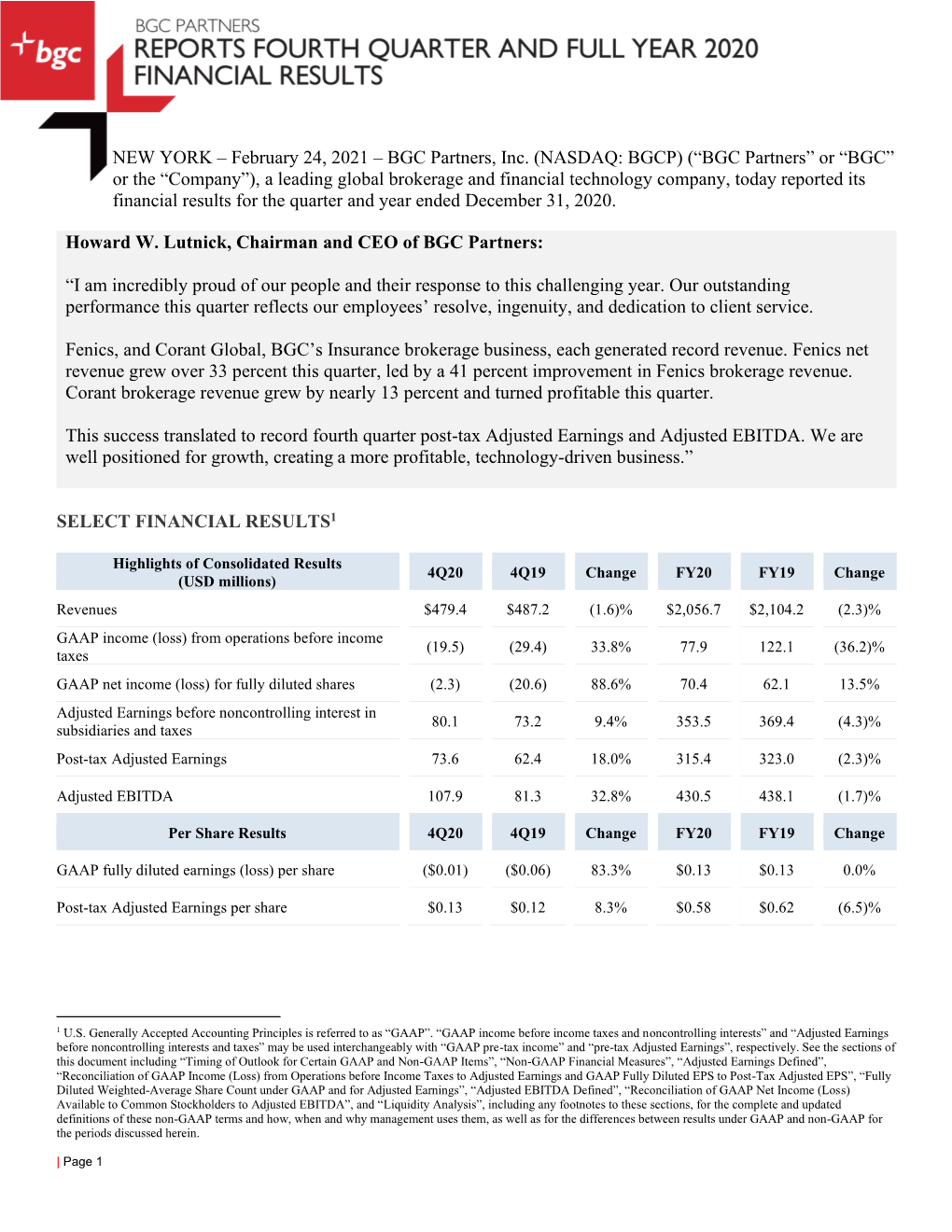 NEW YORK – February 24, 2021 – BGC Partners, Inc. (NASDAQ