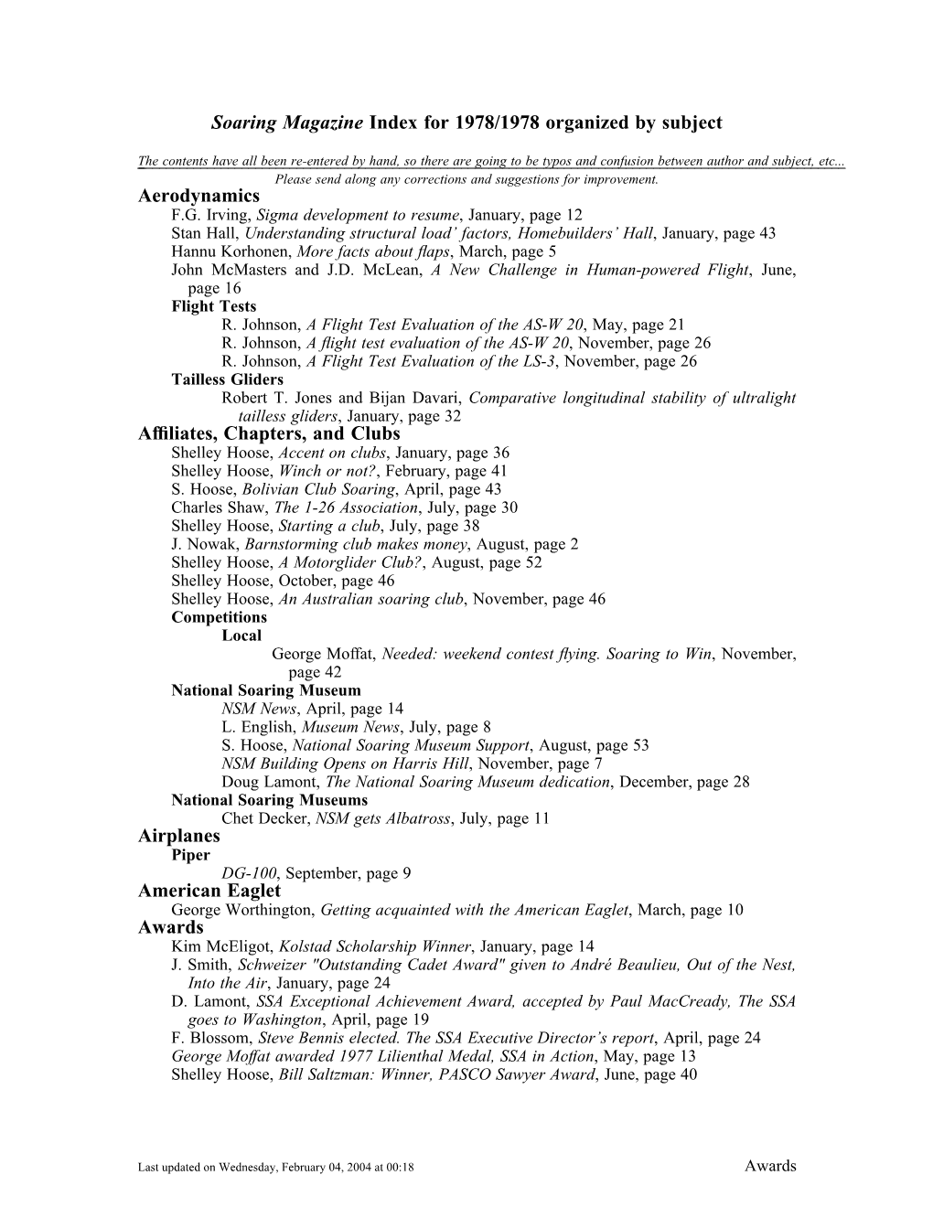 Soaring Magazine Index for 1978/1978 Organized by Subject