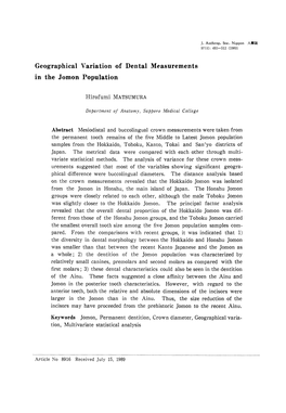 Geographical Variation of Dental Measurements in the Jomon Population Abstract Mesiodistal and Buccolingual Crown Measurements W