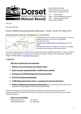 Dorset AONB Partnership Board Meeting, 9.30Am, Thurs 25Th May 2017