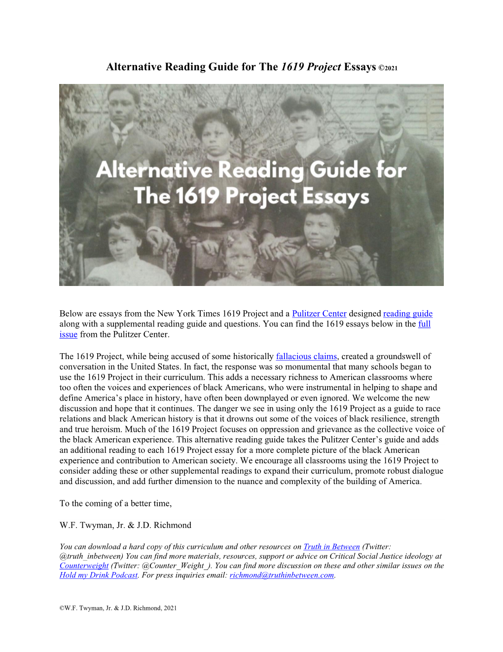 Alternative Reading Guide for the 1619 Project Essays ©2021