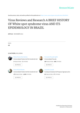 Virus Reviews and Research a BRIEF HISTORY of White Spot Syndrome Virus and ITS EPIDEMIOLOGY in BRAZIL