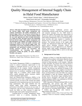 Quality Management of Internal Supply Chain in Halal Food