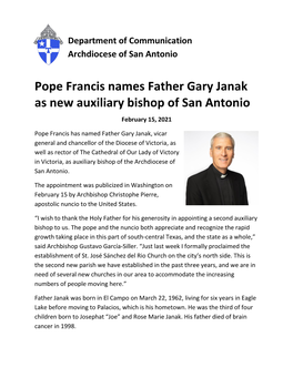 Pope Francis Names Father Gary Janak As New Auxiliary Bishop of San Antonio February 15, 2021