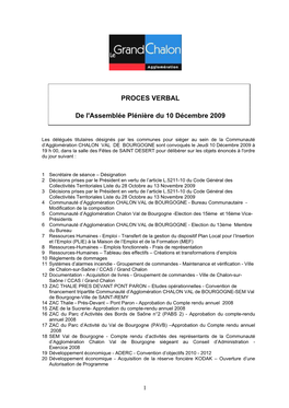 PROCES VERBAL De L'assemblée Plénière Du 10 Décembre 2009