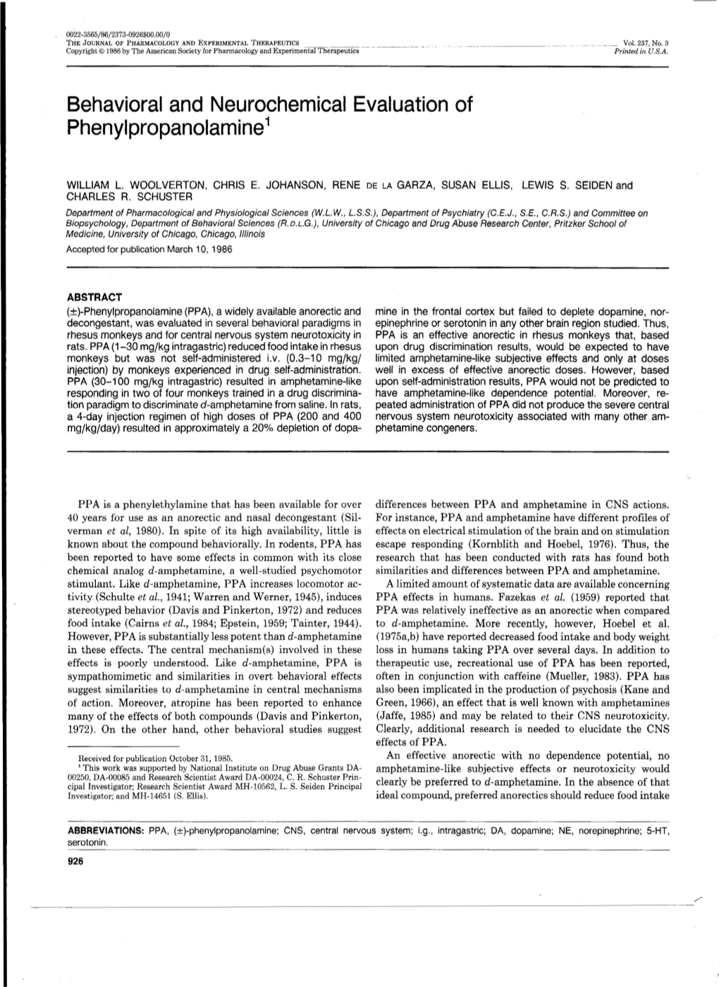 Behavioral and Neurochemical Evaluation of Phenylpropanolamine 1