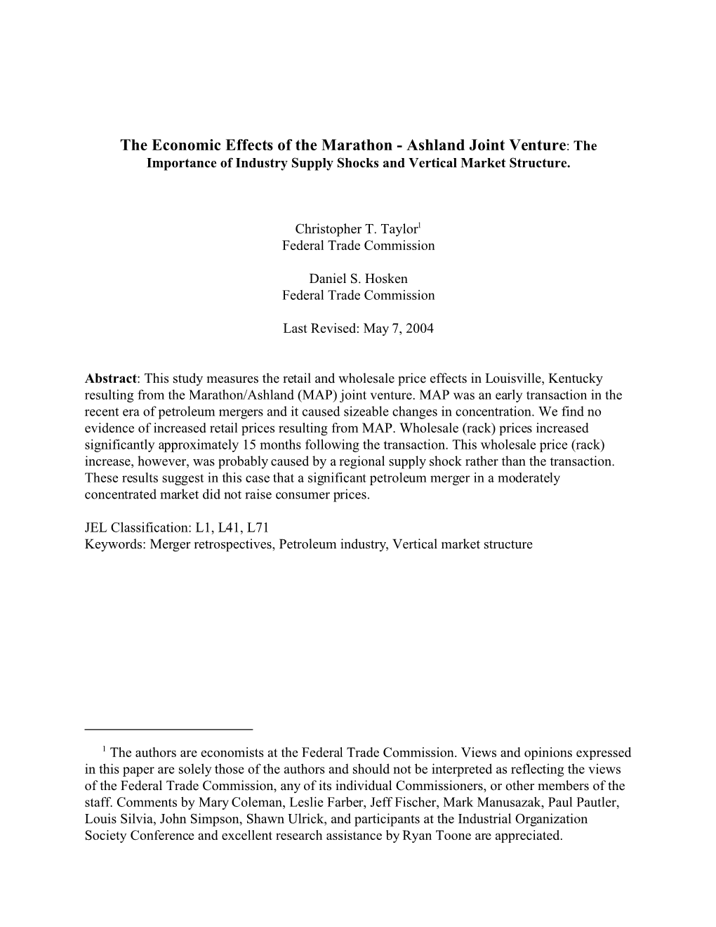 Ashland Joint Venture: the Importance of Industry Supply Shocks and Vertical Market Structure