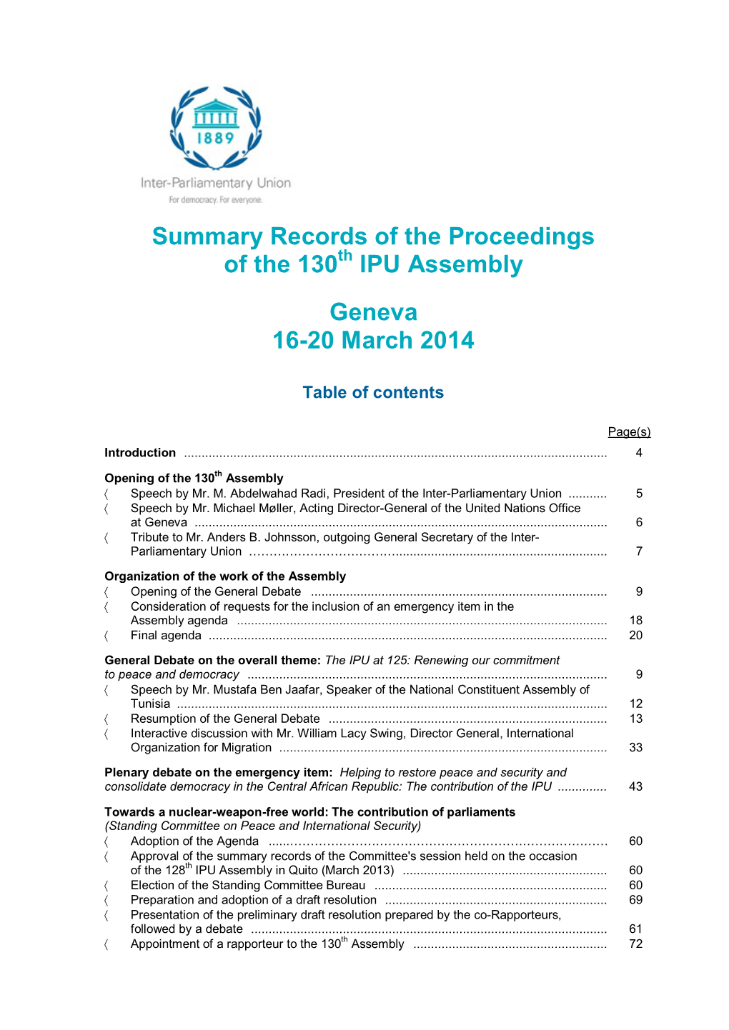 Summary Records of the Proceedings of the 130 IPU Assembly Geneva