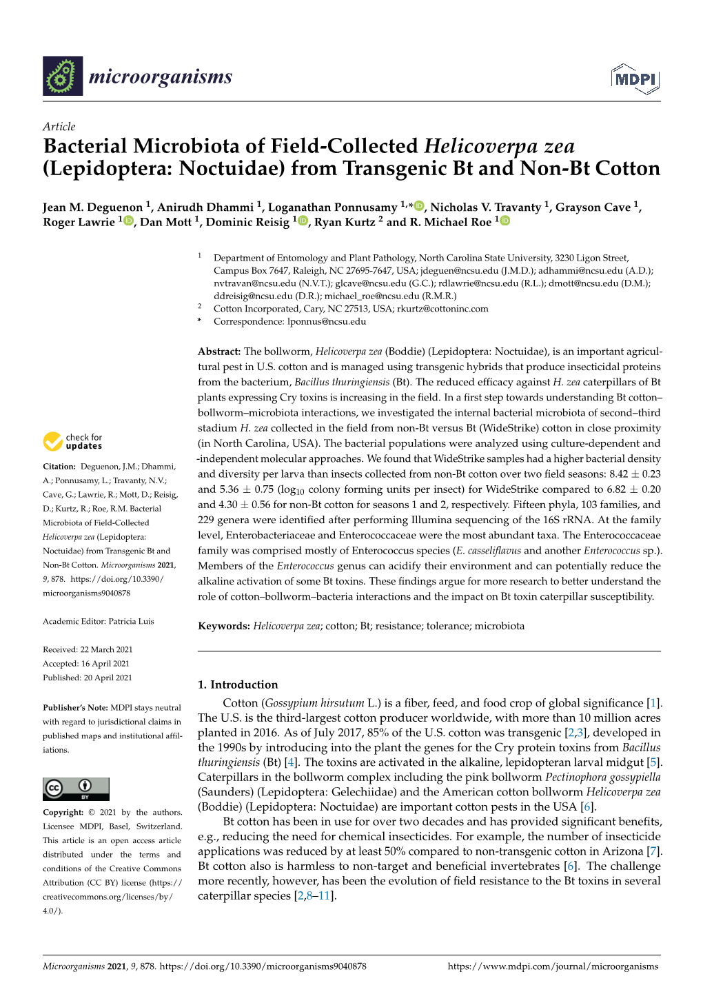 From Transgenic Bt and Non-Bt Cotton