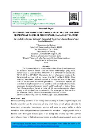 Research Paper ASSESSMENT of MONOCOTYLEDONOUS PLANT SPECIES DIVERSITY from KARJAT TAHSIL of AHMEDNAGAR, MAHARASHTRA, INDIA Jour