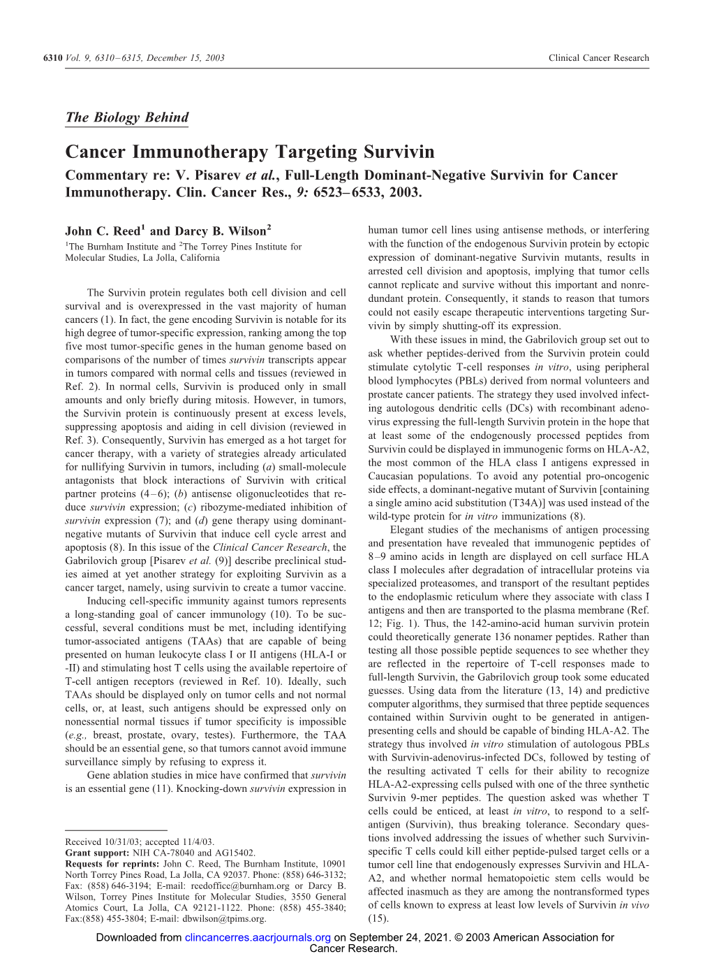 Cancer Immunotherapy Targeting Survivin Commentary Re: V