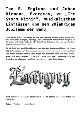Tom S. Englund Und Johan Niemann, Evergrey, Zu „The Storm Within“, Musikalischen Einflüssen Und Dem 20Jährigen Jubiläum Der Band