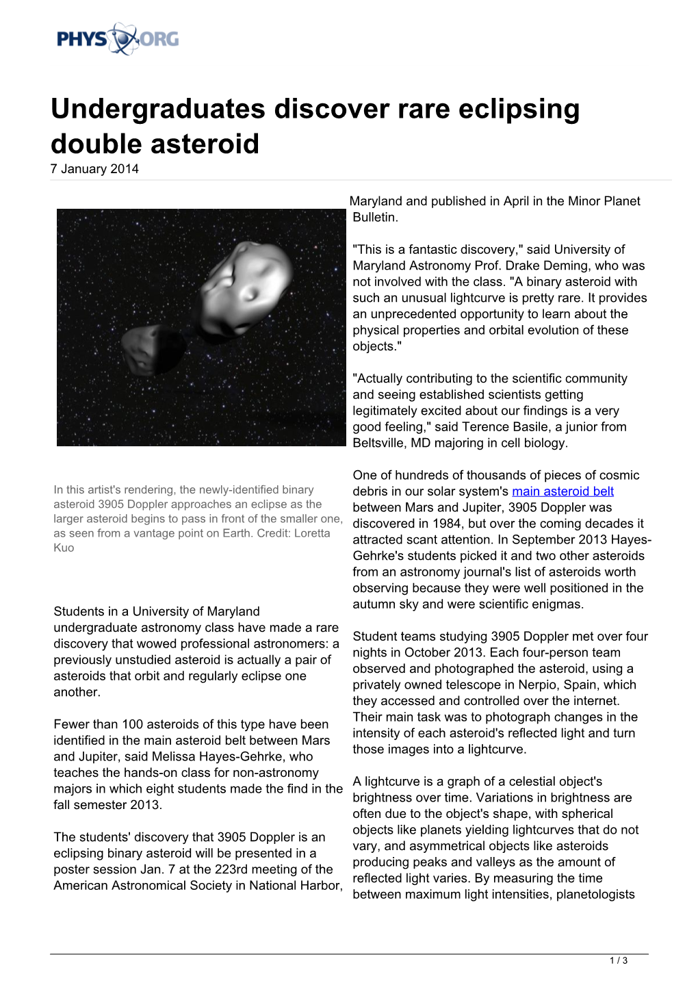 Undergraduates Discover Rare Eclipsing Double Asteroid 7 January 2014