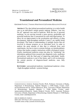 Translational and Personalized Medicine