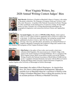 West Virginia Writers, Inc. 2020 Annual Writing Contest Judges' Bios