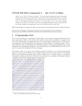 CS1132 Fall 2013 Assignment 2 Due 11/21 11:59Pm 1 Cryptography Fun!