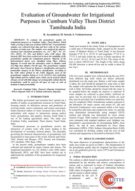 Evaluation of Groundwater for Irrigational Purposes in Cumbum Valley Theni District Tamilnadu India