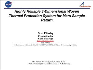 Highly Reliable 3-Dimensional Woven Thermal Protection System for Mars Sample Return